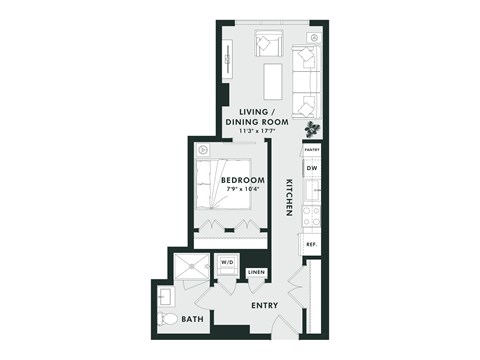 Floor plan for 1 bed, 1 bath, 537 sqft